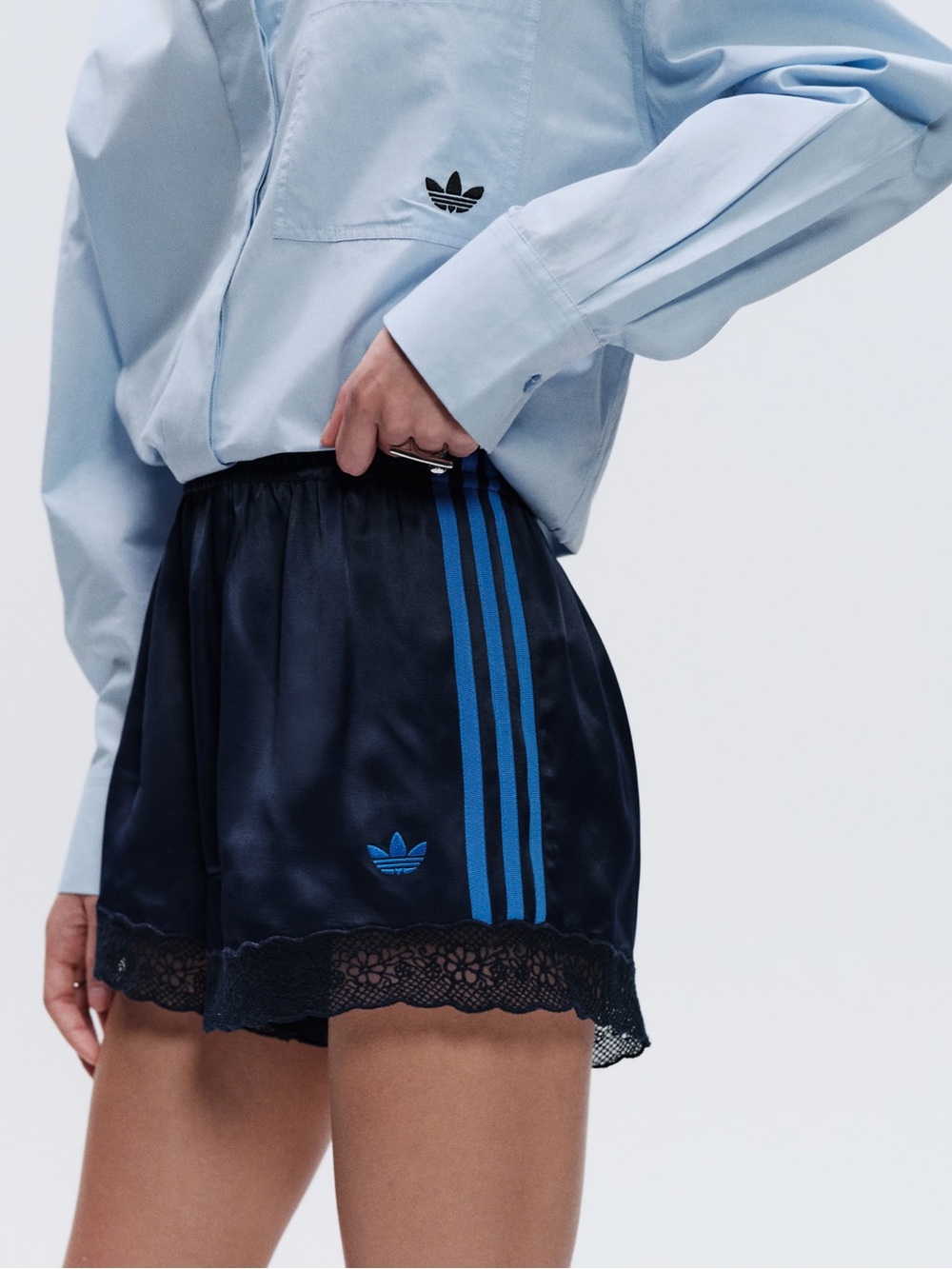 NWT adidas Originals x ASOS regular fit lace hem shorts in navy satin
